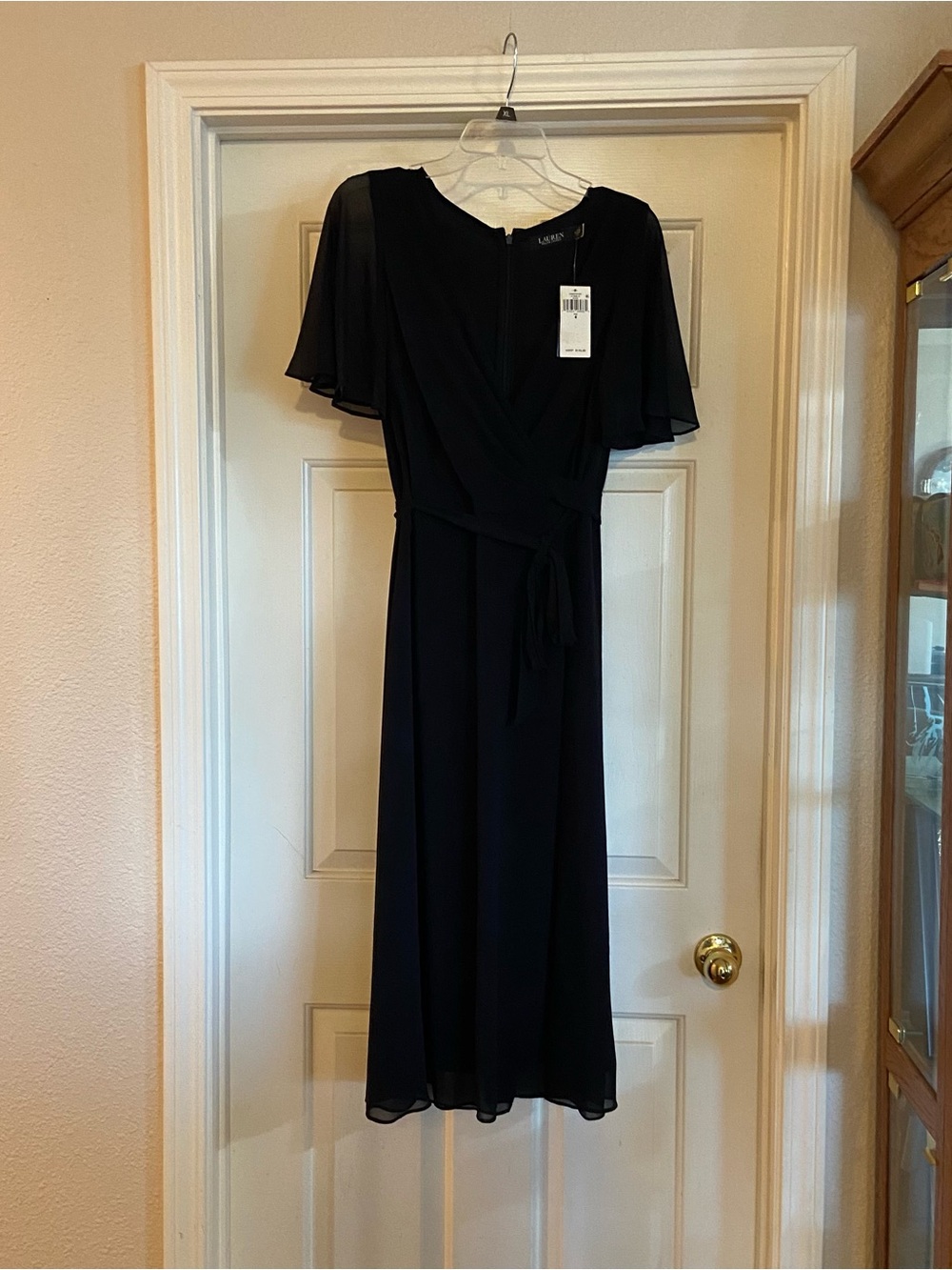 NWT Ralph Lauren Long Black Dress Sz 4 Wrap-Front Tie Short Sleeve